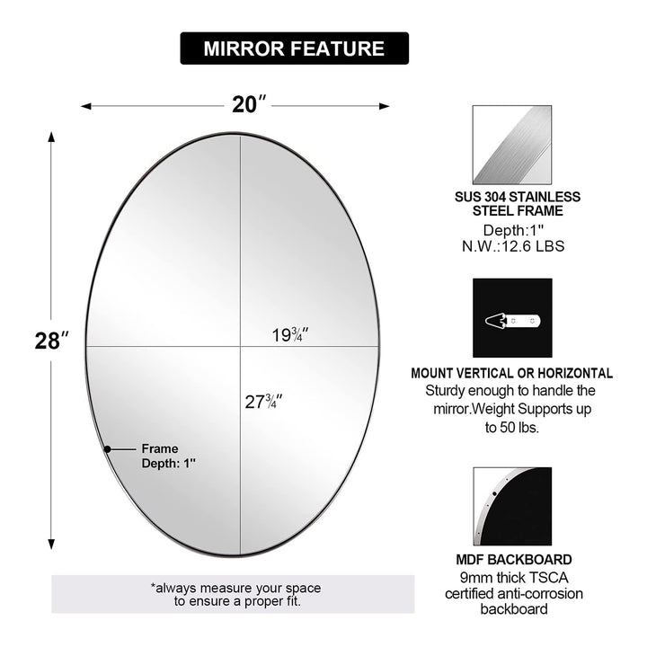 ANDY STAR 24 x 36 Inch Oval Hanging Bathroom Mirror, Polished Silver (Open Box) - VMInnovations