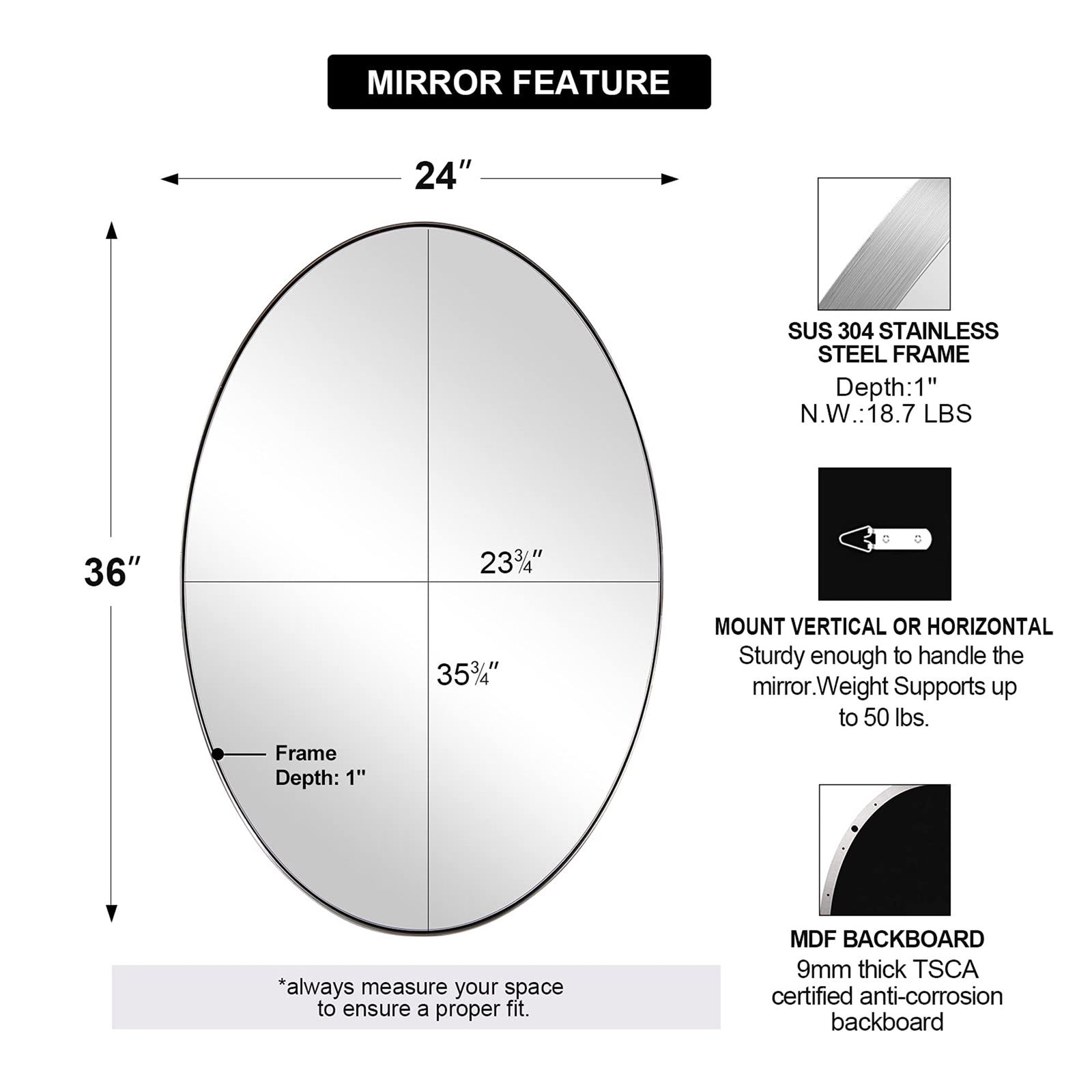 ANDY STAR Modern 24 x 36 Inch Oval Wall Hanging Bathroom Mirror (Open Box) - VMInnovations