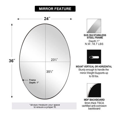 ANDY STAR Modern 24 x 36 Inch Oval Wall Hanging Bathroom Mirror (Open Box) - VMInnovations