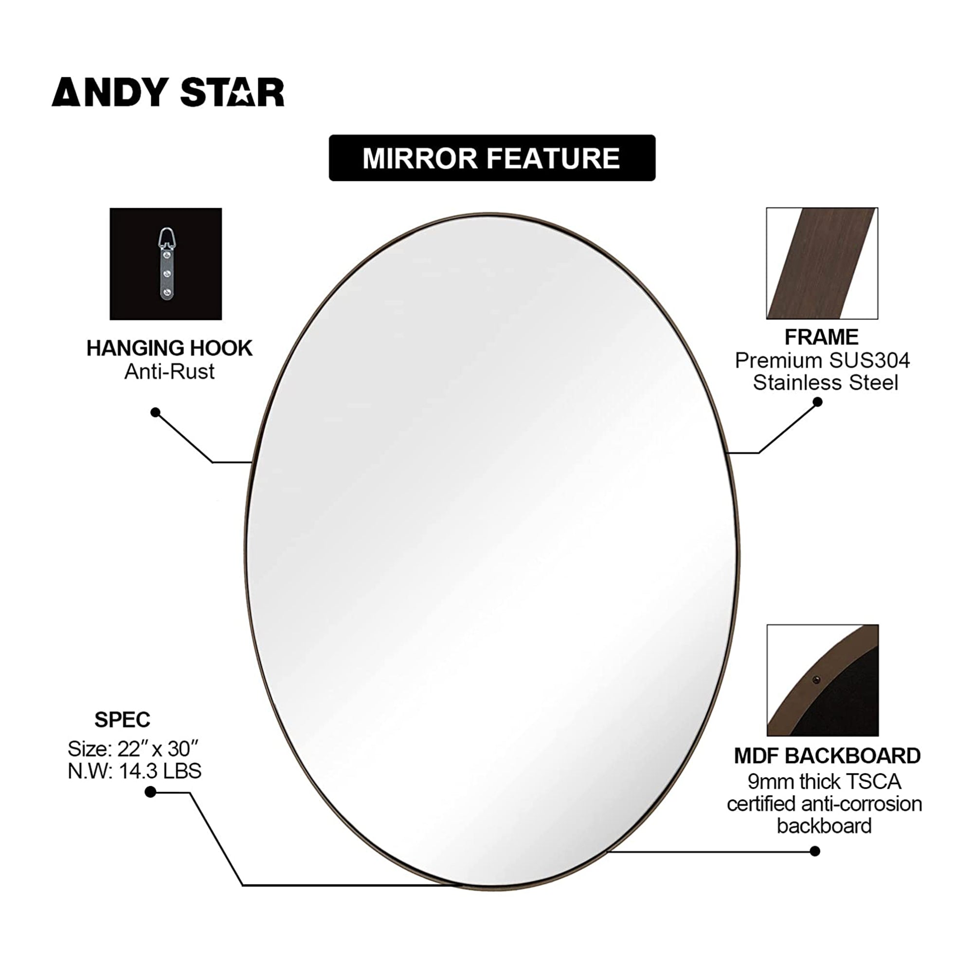 ANDY STAR Modern 22'x30' Oval Wall Hanging Bathroom Mirror, Brushed Bronze(Used) - VMInnovations
