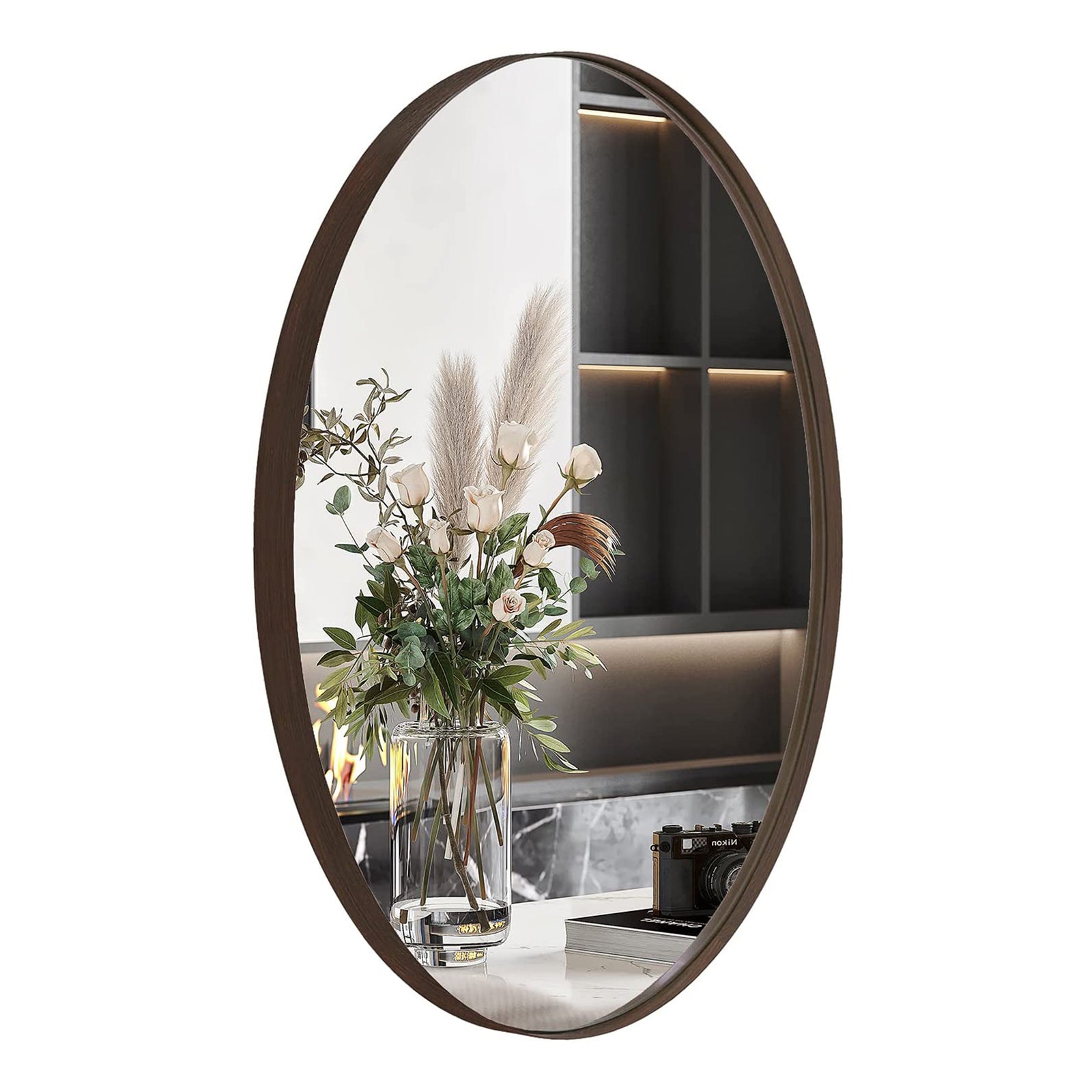 Modern 24 x 36 Inch Oval Wall Hanging Bathroom Mirror, Brushed Bronze (Used) - VMInnovations