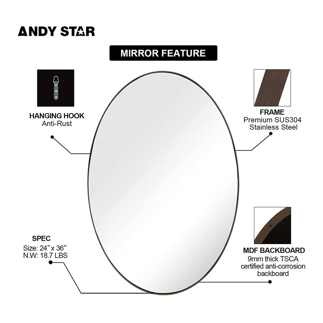 Modern 24 x 36 Inch Oval Wall Hanging Bathroom Mirror, Brushed Bronze (Used) - VMInnovations