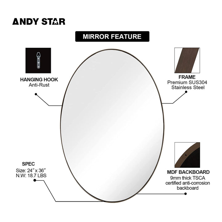 Modern 24 x 36 Inch Oval Wall Hanging Bathroom Mirror, Brushed Bronze (Used) - VMInnovations