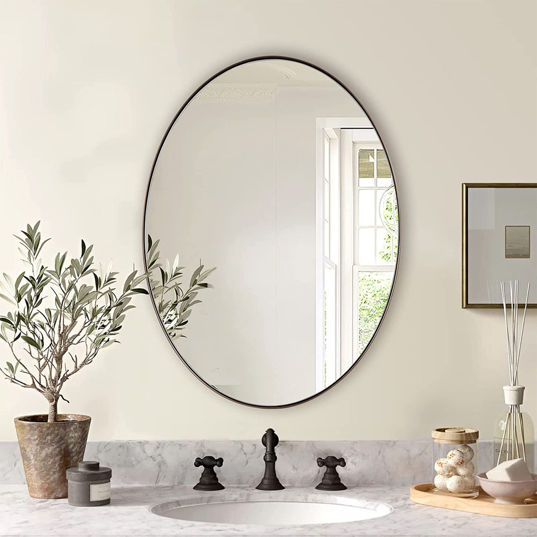 Modern 24 x 36 Inch Oval Wall Hanging Bathroom Mirror, Brushed Bronze (Used) - VMInnovations