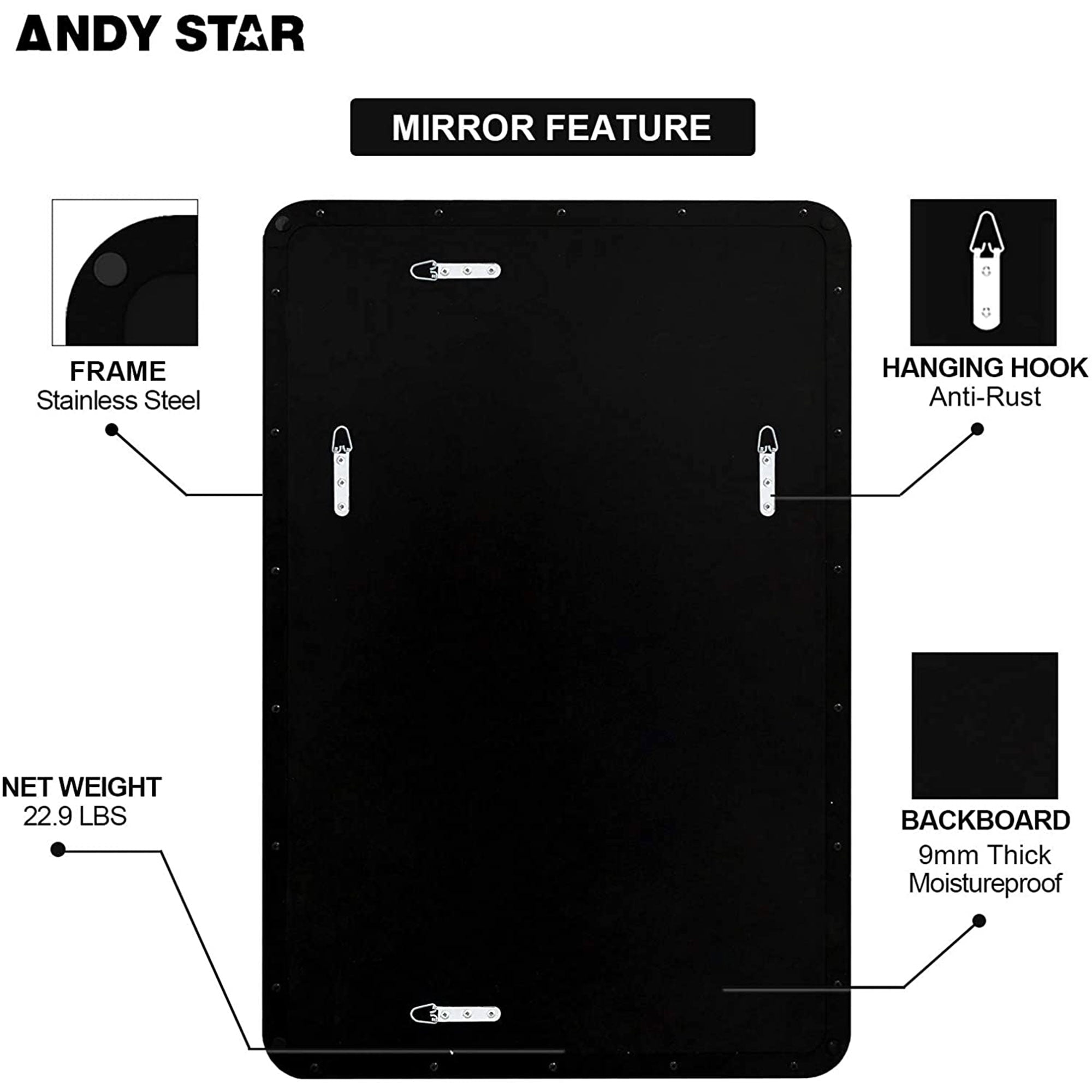 ANDY STAR 24 x 36 Inch Rectangular Hanging Deep Metal Frame Wall Mirror (Used) - VMInnovations