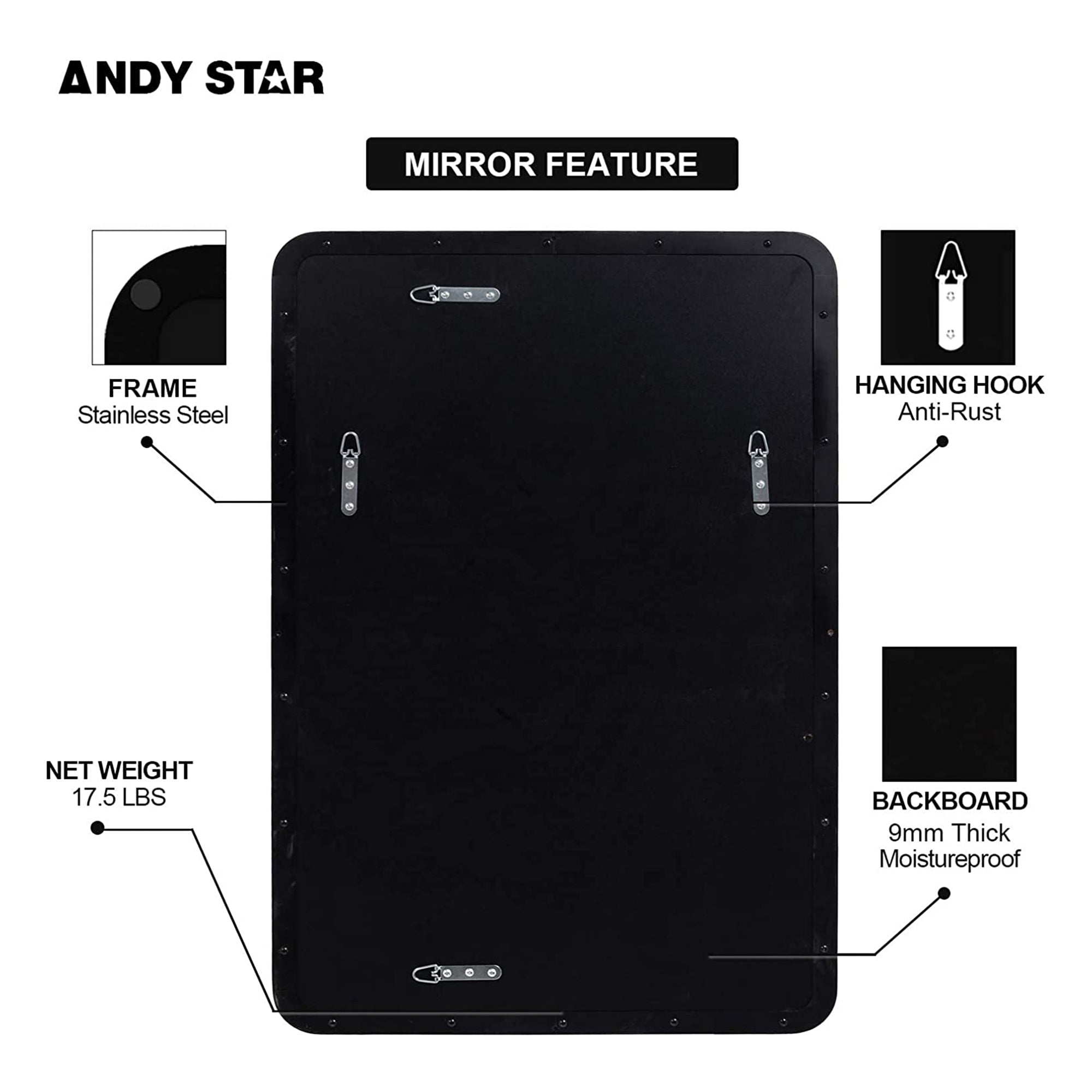 ANDY STAR 22"x30" Rectangular Hanging Bathroom Mirror, Matte Black (For Parts) - VMInnovations