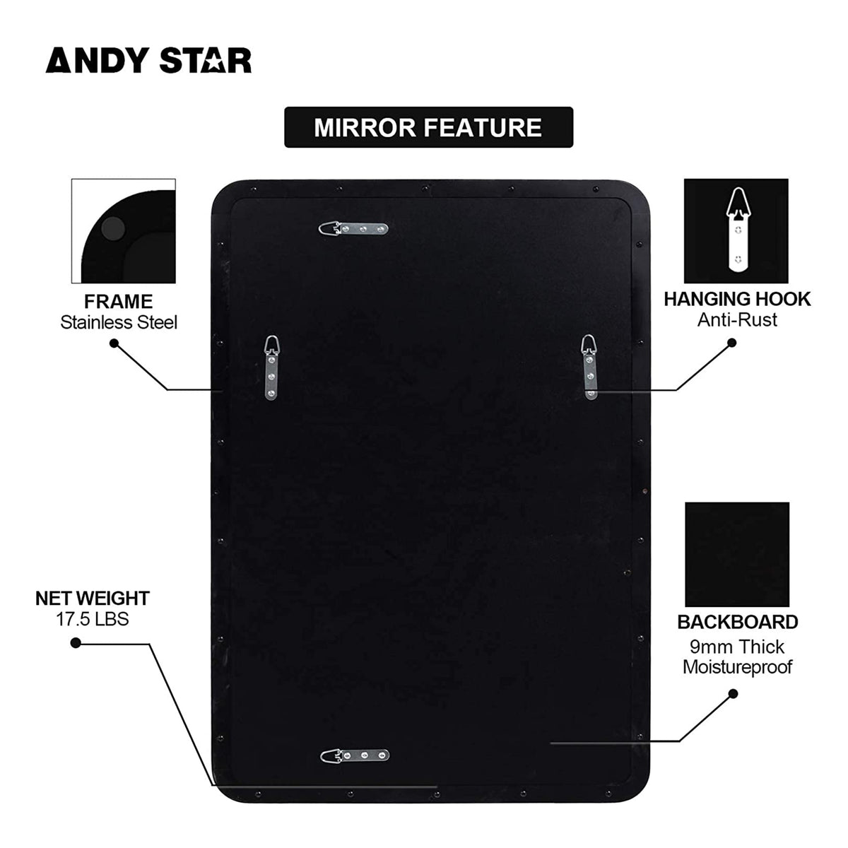 ANDY STAR 22"x30" Rectangular Hanging Bathroom Mirror, Matte Black (For Parts) - VMInnovations