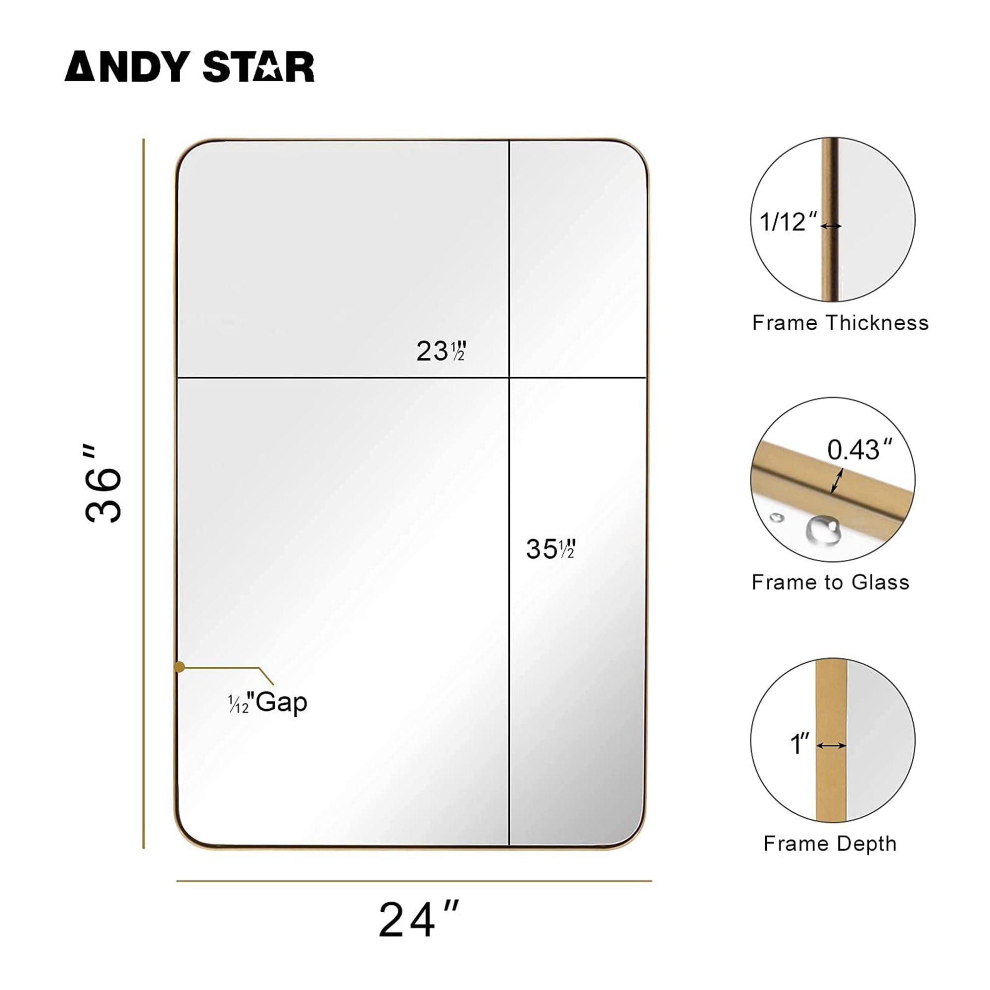 ANDY STAR 24 x 36 Inch Rectangular Hanging Metal Frame Wall Mirror (Open Box) - VMInnovations
