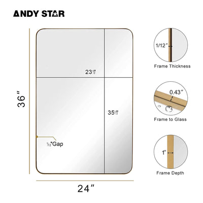 ANDY STAR 24 x 36 Inch Rectangular Hanging Metal Frame Wall Mirror, Brushed Gold