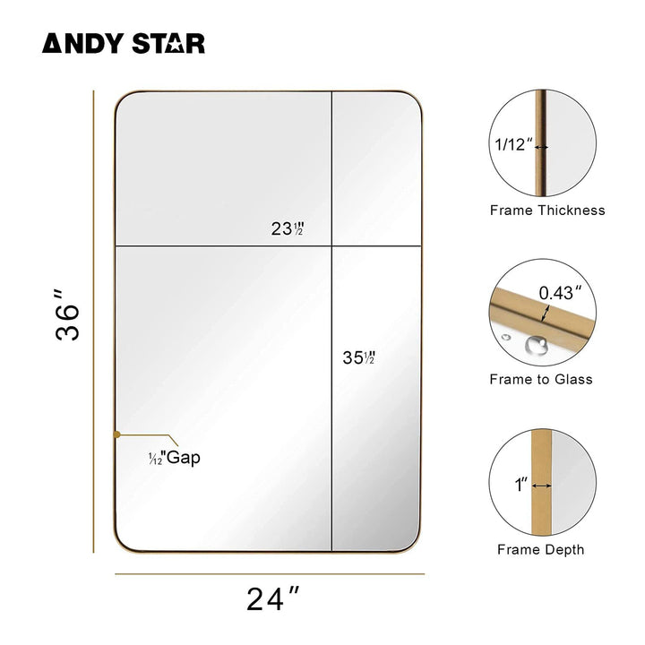 ANDY STAR 24 x 36 In Rectangular Hanging Metal Frame Mirror, Brushed Gold (Used) - VMInnovations