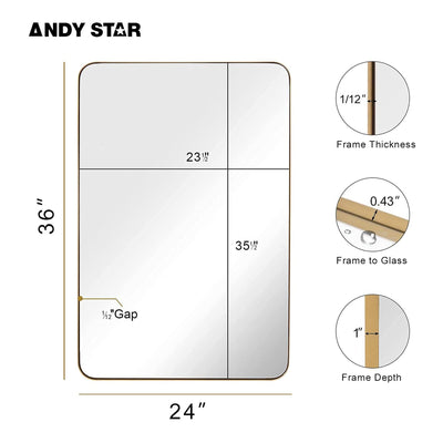 ANDY STAR 24 x 36 In Rectangular Hanging Metal Frame Mirror, Brushed Gold (Used)