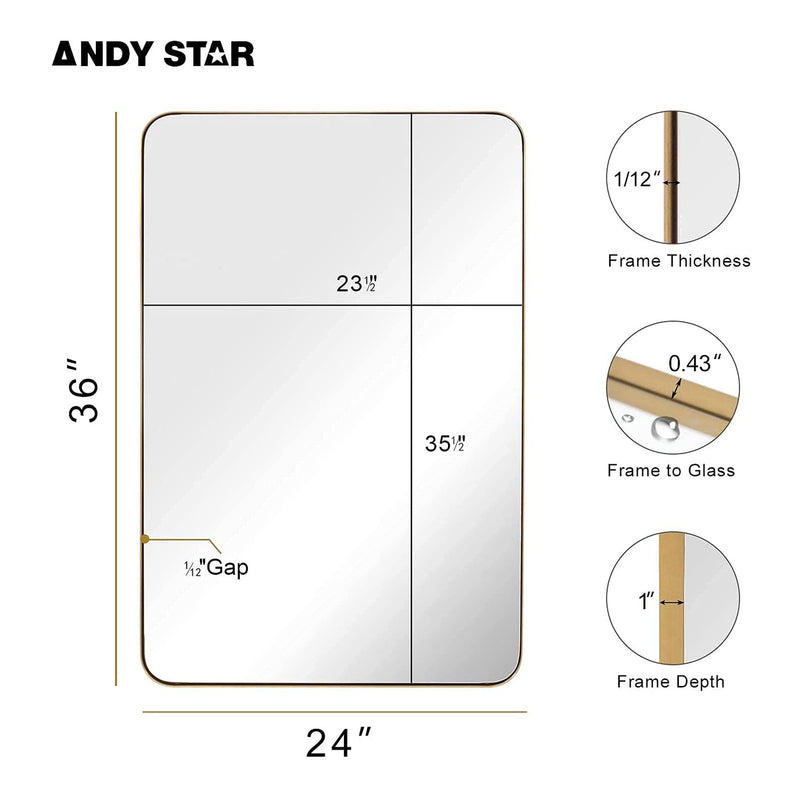 ANDY STAR 24 x 36 In Rectangular Hanging Metal Frame Mirror, Brushed Gold (Used)