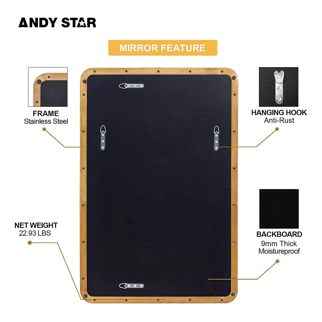 ANDY STAR 24 x 36 In Rectangular Hanging Metal Frame Mirror, Brushed Gold (Used) - VMInnovations