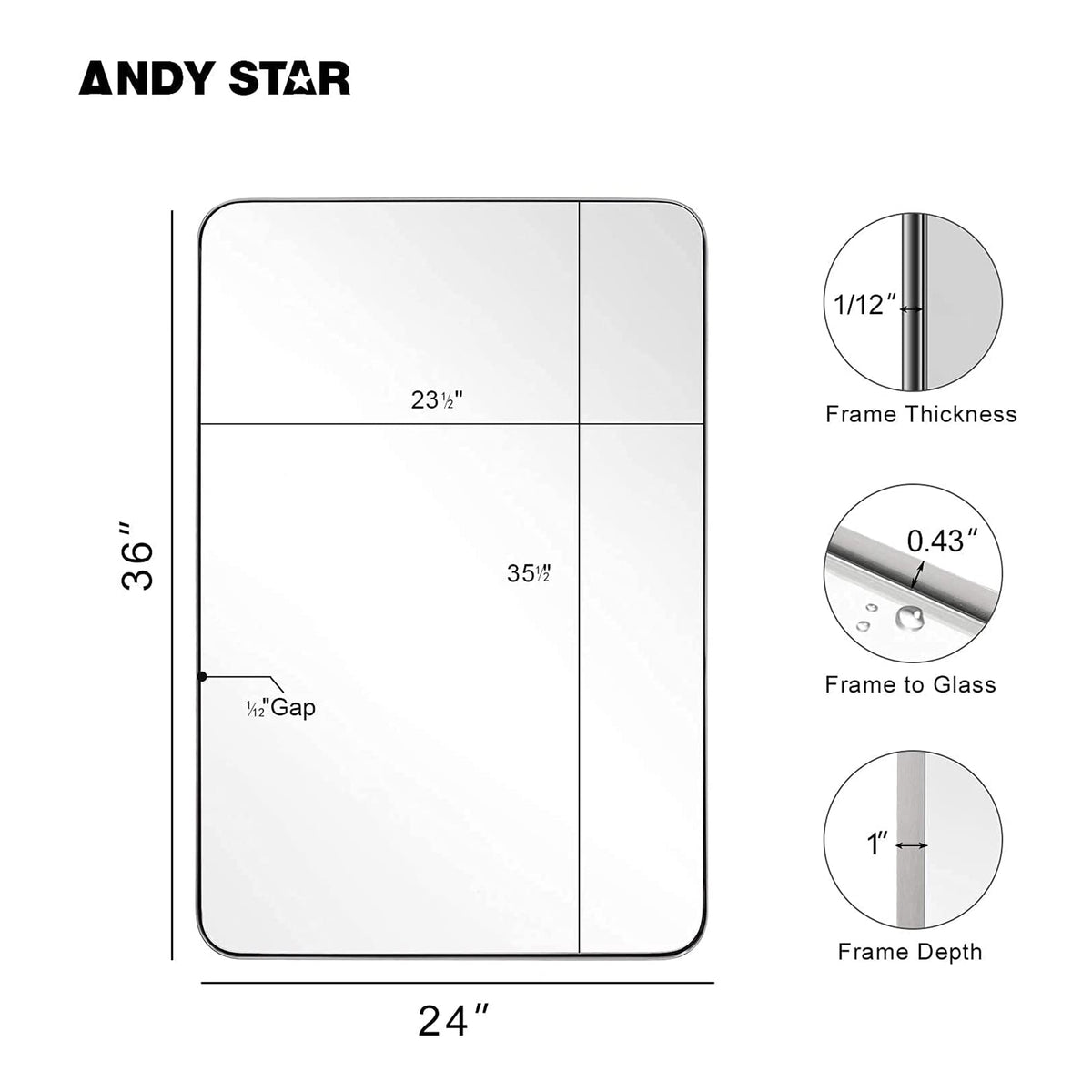 ANDY STAR Modern 24 x 36 In Rectangular Hanging Bathroom Mirror, Brushed Nickel