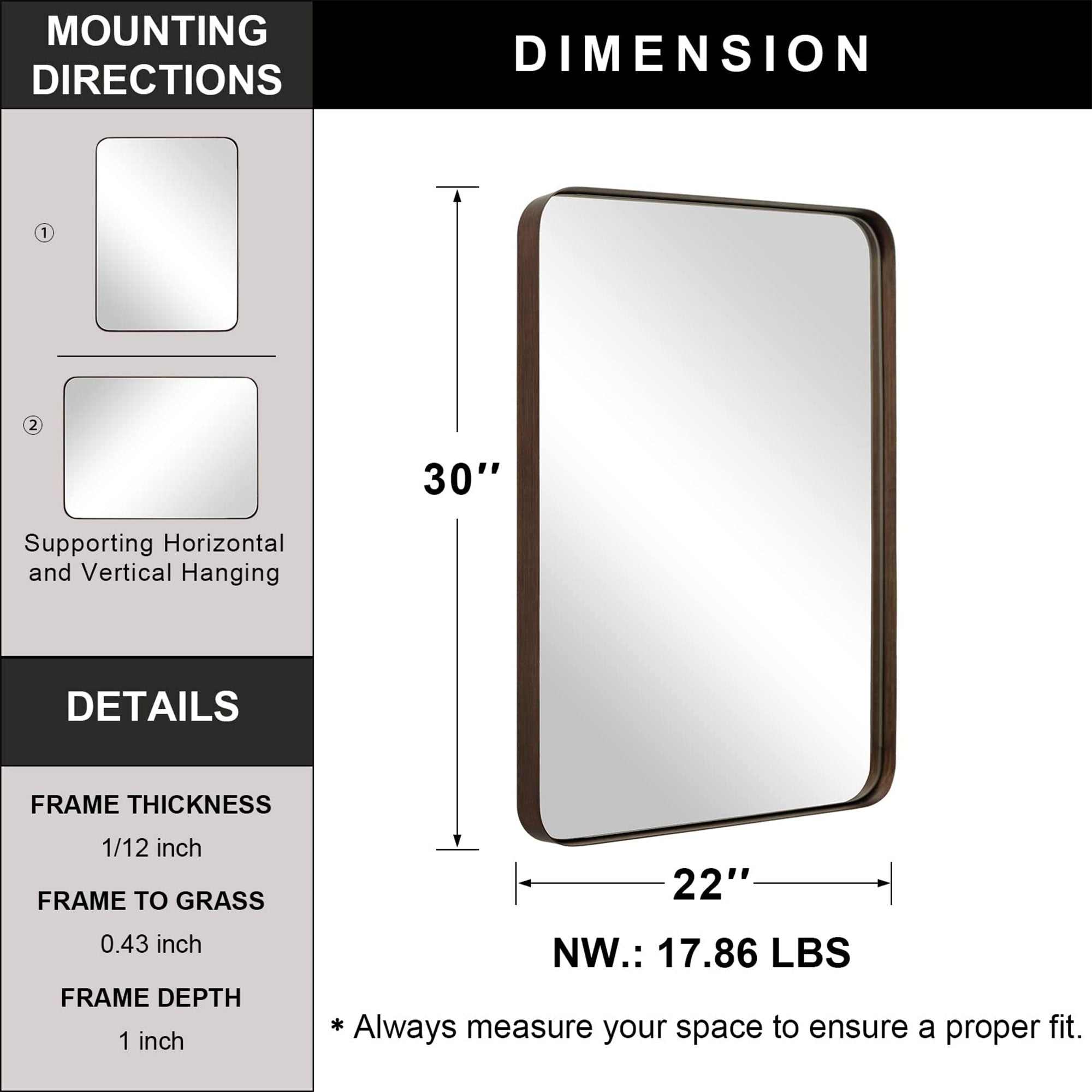 ANDY STAR Modern 22 x 30 Inch Rectangular Hanging Vanity Mirror (Open Box) - VMInnovations