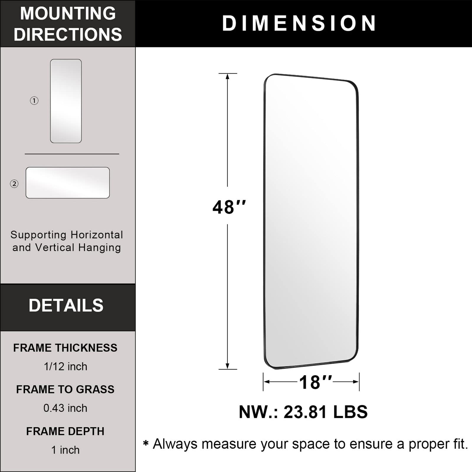 ANDY STAR Modern 18 x 48 Inch Rectangular Full Body Length Mirror, Matte Black - VMInnovations