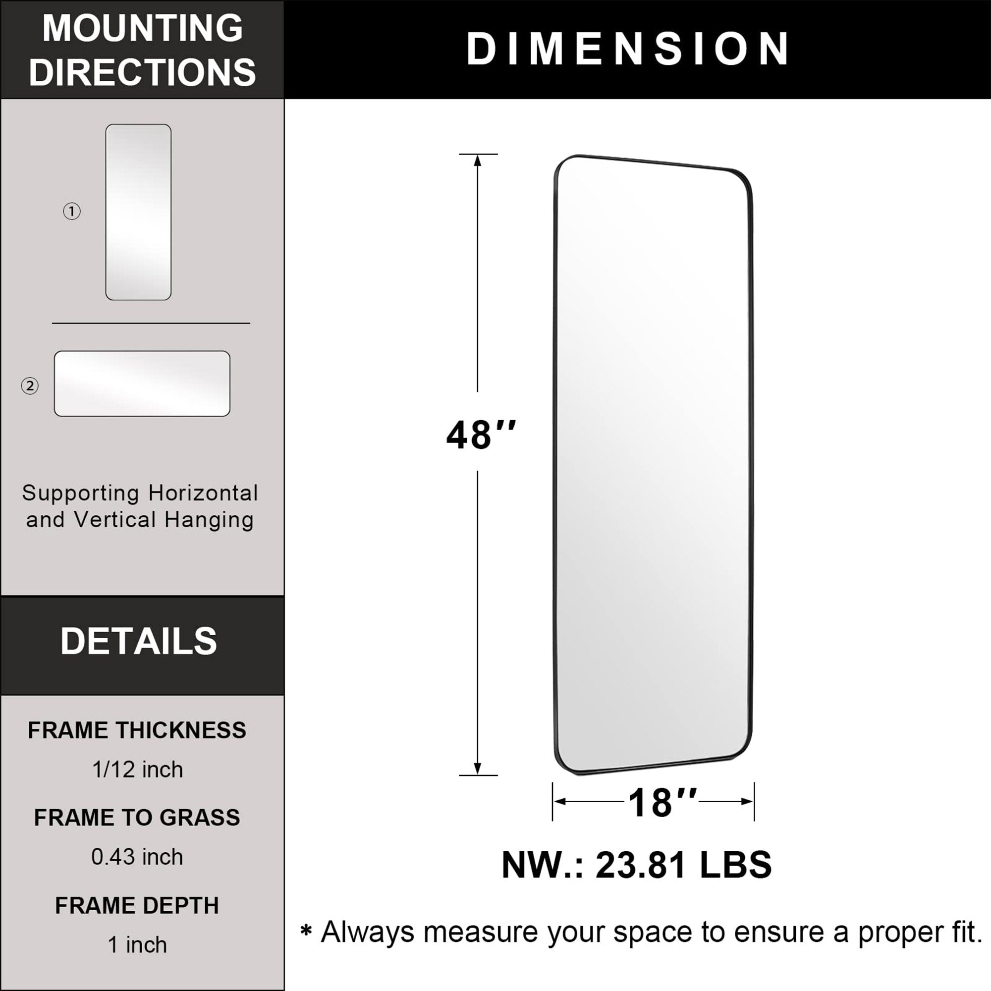 ANDY STAR Modern 18 x 48 Inch Rectangular Full Body Length Mirror (Open Box) - VMInnovations