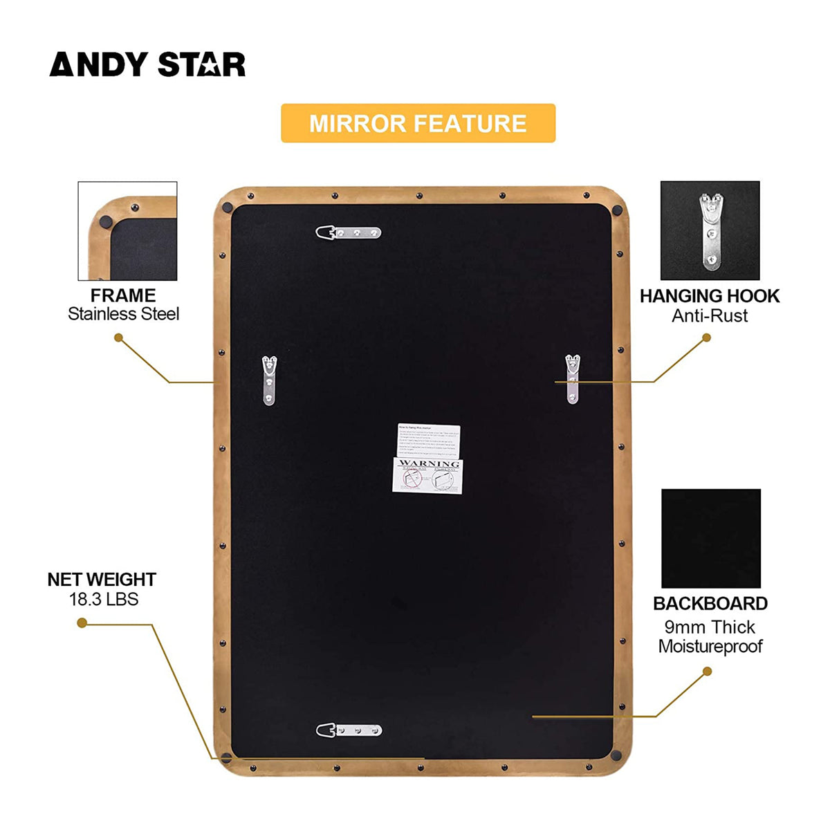 ANDY STAR Modern 20 x 28 Inch Rectangular Hanging Bathroom Vanity Mirror, Gold
