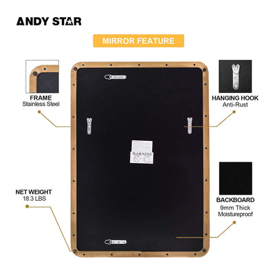 ANDY STAR Modern 20 x 28 Inch Rectangular Hanging Bathroom Vanity Mirror, Gold