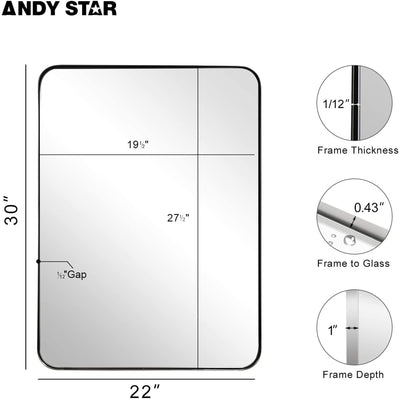 ANDY STAR 24 x 36 Inch Rectangular Hanging Deep Metal Frame Wall Mirror, Chrome