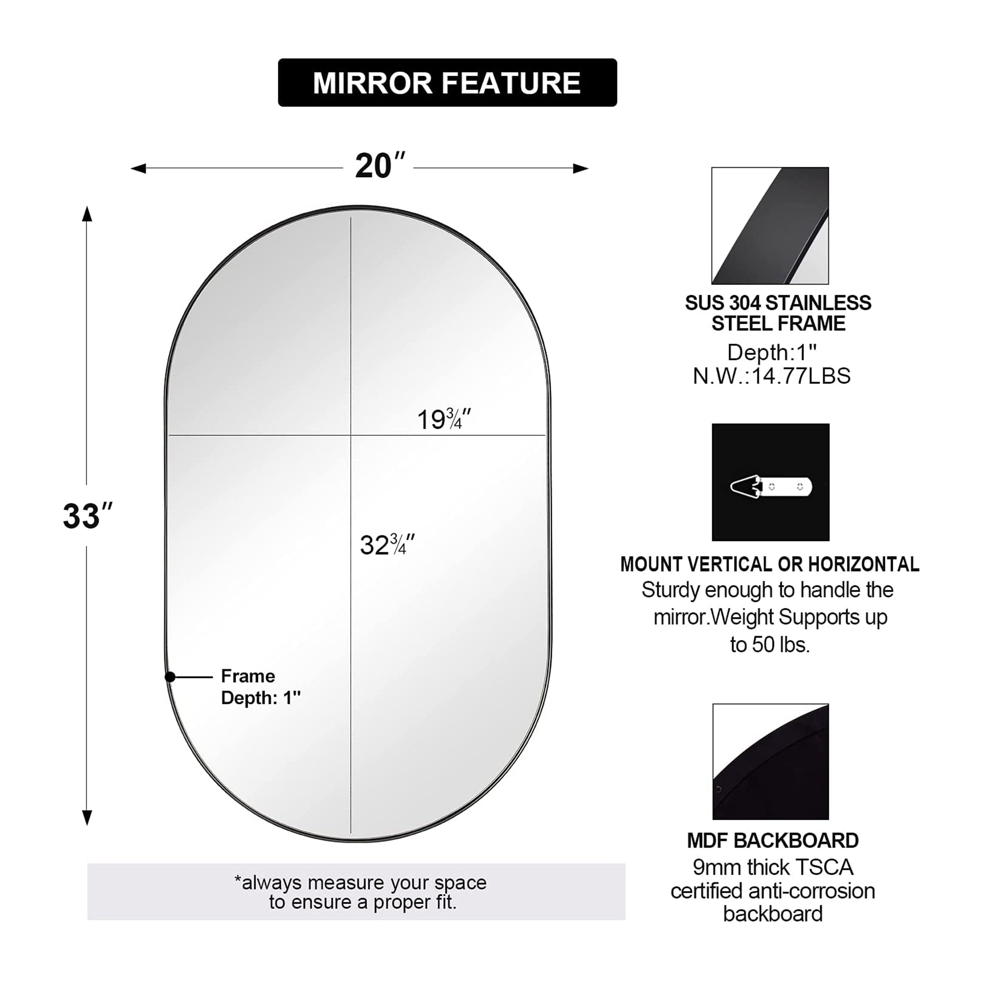 ANDY STAR Modern 20 x 33 Inch Oval Wall Bathroom Mirror, Matte Black (Open Box) - VMInnovations
