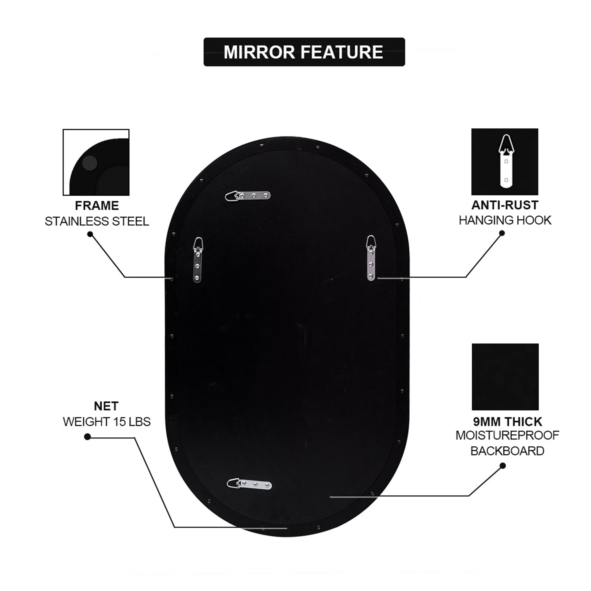ANDY STAR Modern 20 x 33 Inch Oval Wall Bathroom Mirror, Matte Black (Open Box) - VMInnovations
