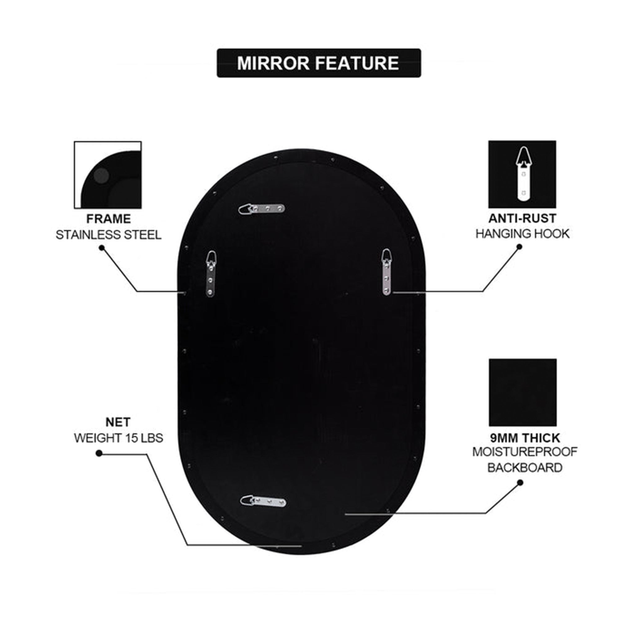 ANDY STAR Modern 20 x 33 Inch Oval Wall Hanging Bathroom Mirror (Open Box) - VMInnovations