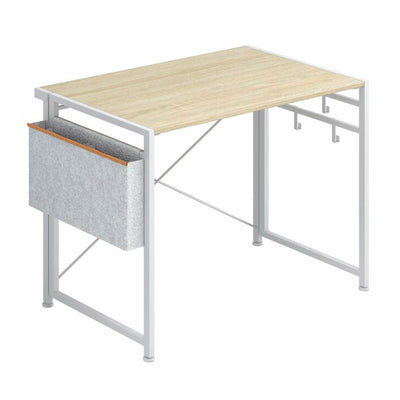4NM 30 Inch Wide Writing Desk with Fabric Storage Side Catty & 4 Hooks, White