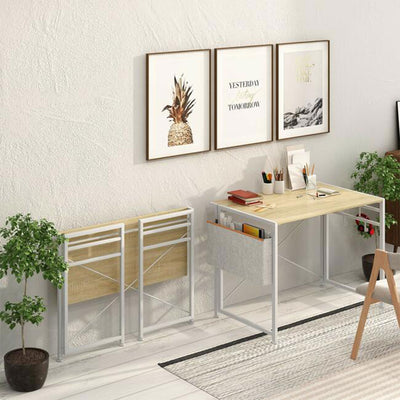 4NM 30 Inch Wide Writing Desk with Fabric Storage Side Catty & 4 Hooks, White