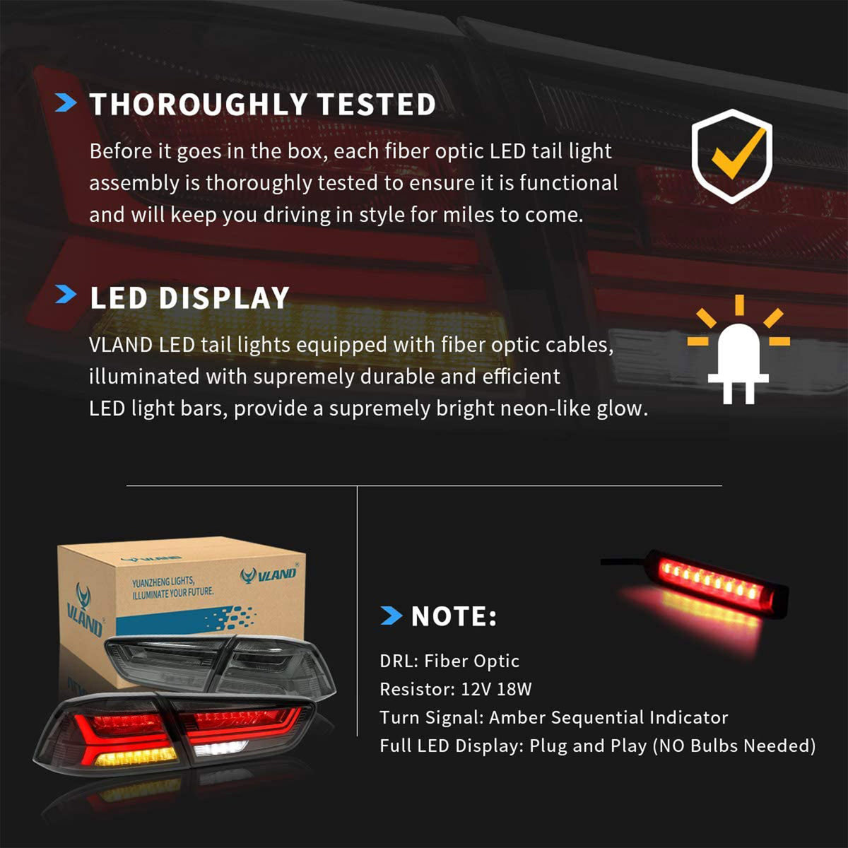 Vland YAB-YS-0155B LED Taillights for 2008-2020 Mistubishi Lancer, Tinted, Pair