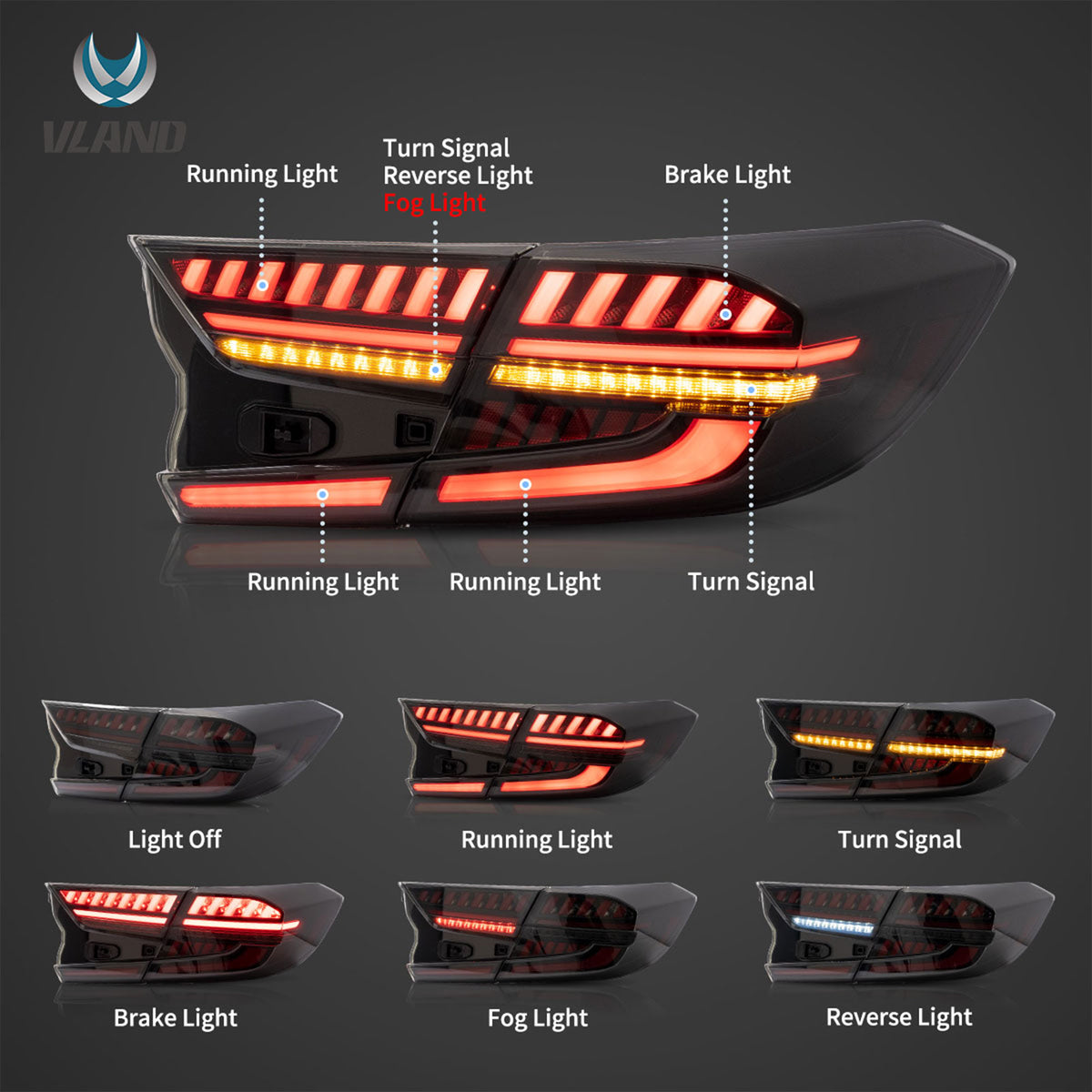 Vland YAB-HD-0307 LED Taillights w/ Turn Signals for 2018-20 Honda Accord, Pair - VMInnovations