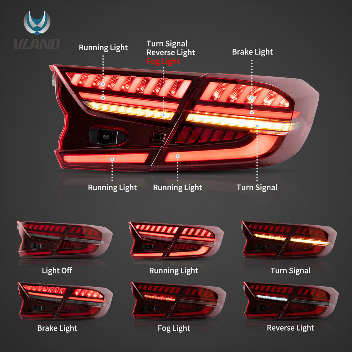 Vland YAB-HD-0307 LED Taillights w/ Turn Signals for 2018-20 Honda Accord, Pair - VMInnovations