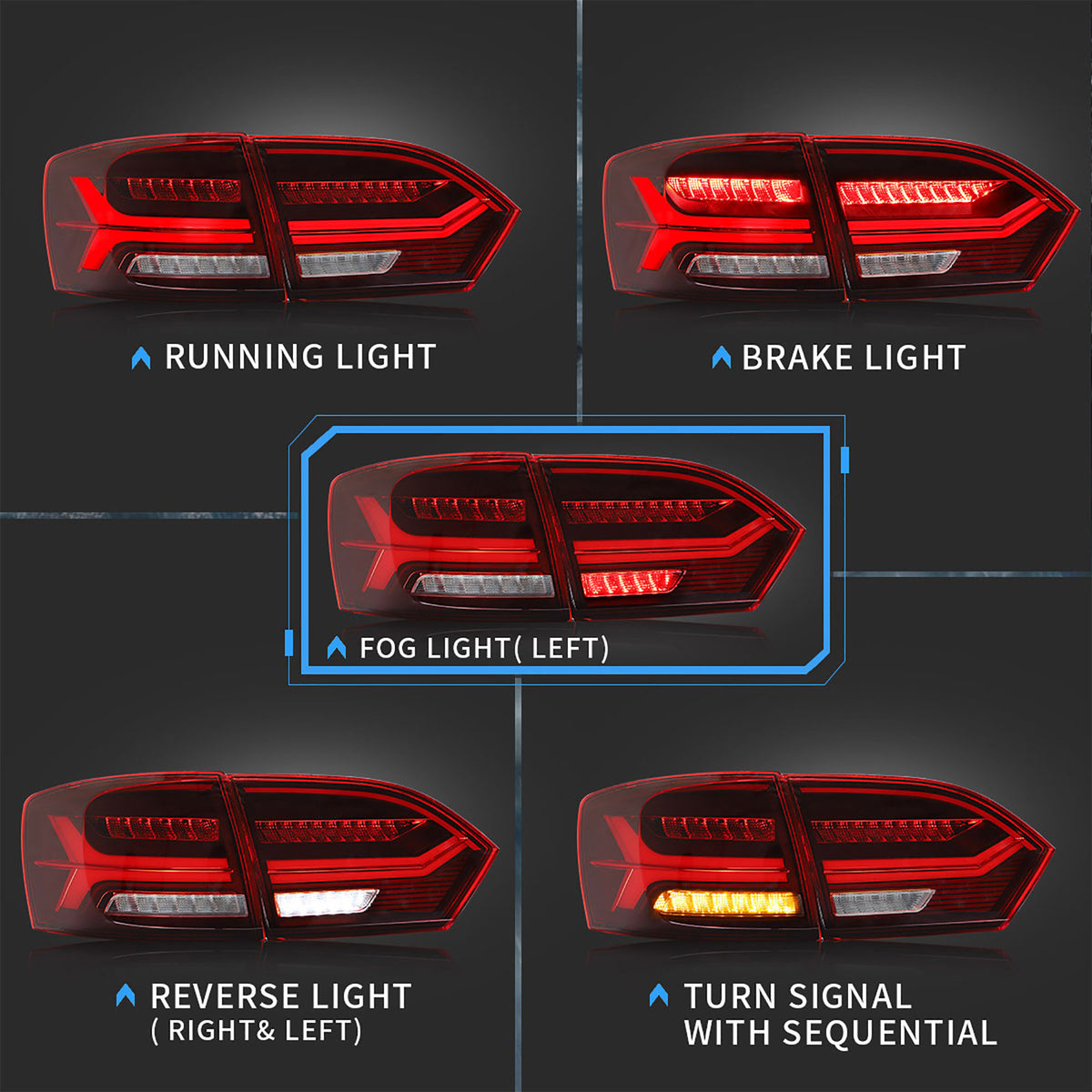 Vland YAB-ST-0215A-H LED Taillight Assemblies for 2011-14 Volkswagen Jetta, Pair