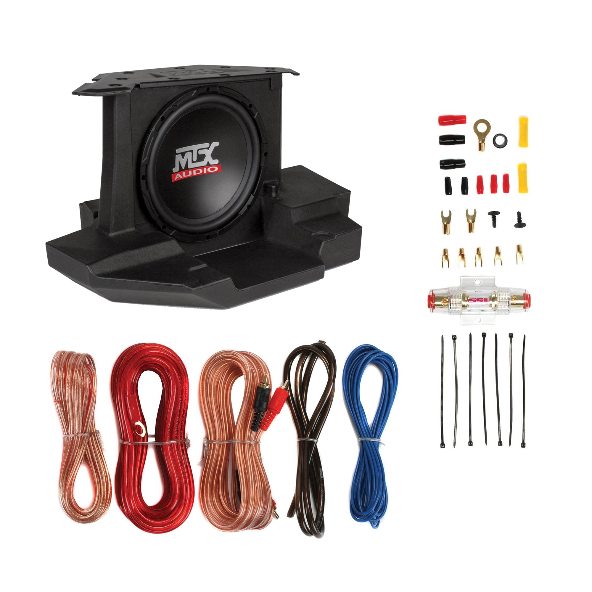 MTX GENERAL-10 Subwoofer Enclosure & Soundstorm 8 Gauge Complete Amp Wiring Kit - VMInnovations
