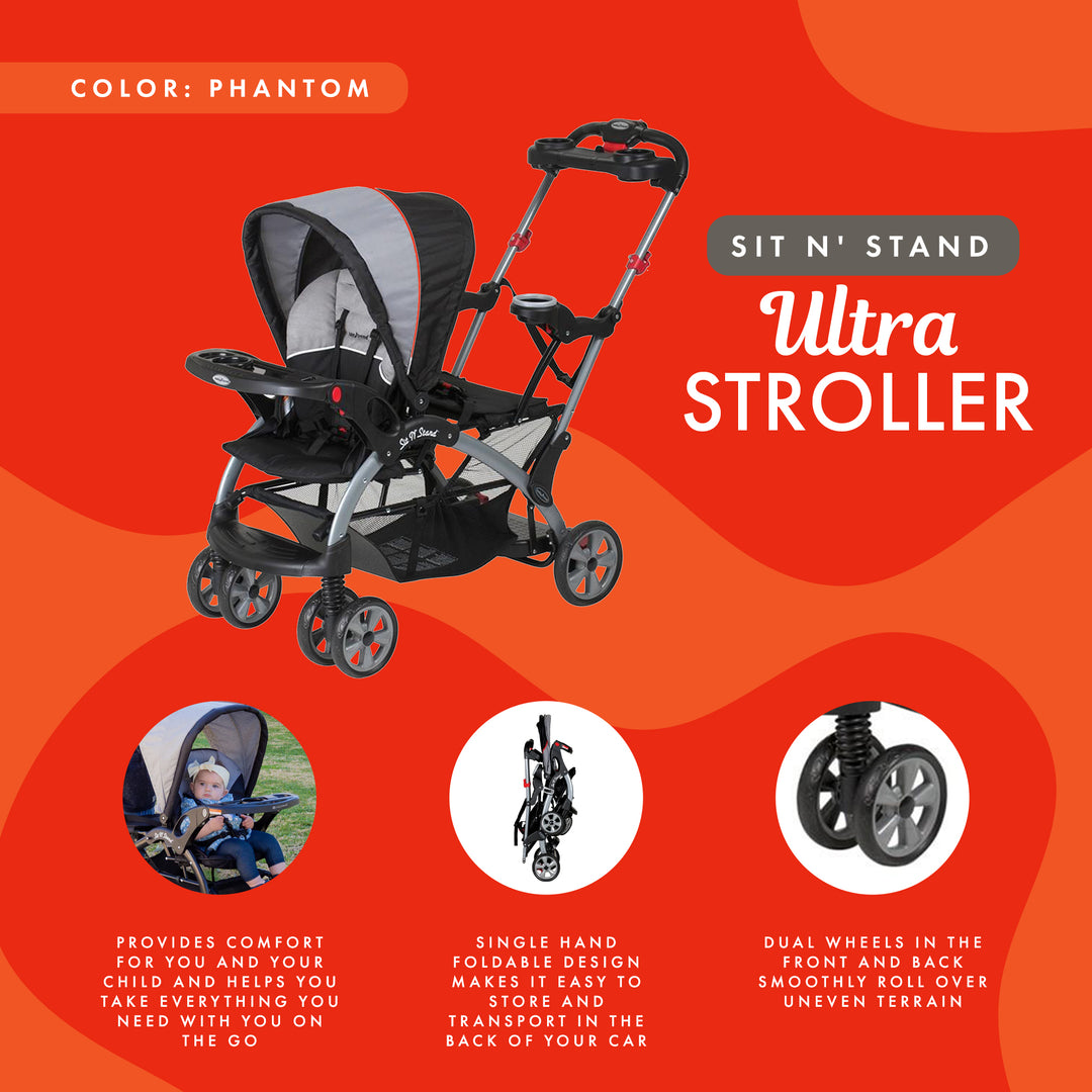 Baby Trend Sit N' Stand Foldable Front and Rear Seat Ultra Stroller, Phantom