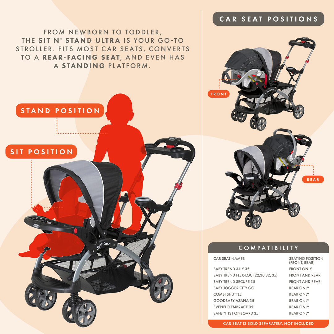 Baby Trend Sit N' Stand Foldable Front and Rear Seat Ultra Stroller, Phantom