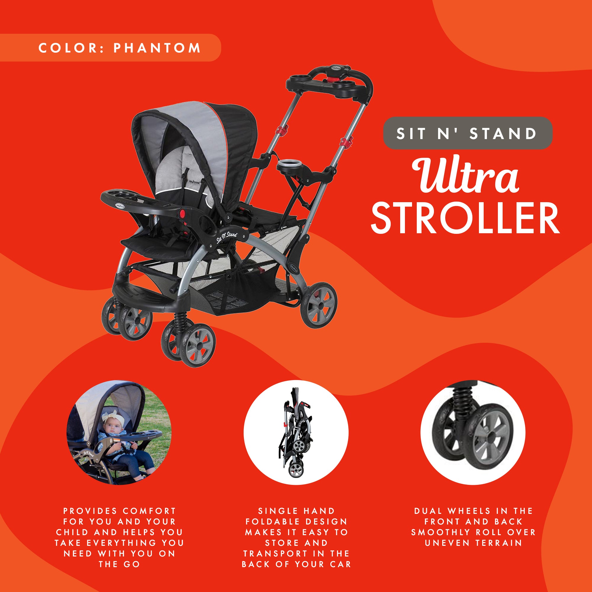 Baby Trend Sit N' Stand Foldable Front and Rear Seat Ultra Stroller (Open Box)