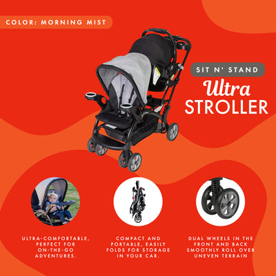 Baby Trend Sit N' Stand Foldable Front & Rear Seat Stroller, Morning Mist (Used)