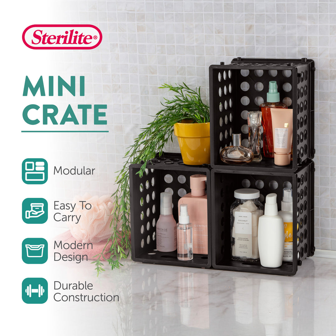 Sterilite Mini Crate, Stackable Plastic Storage Bin with Handles, Black, 24 Pack