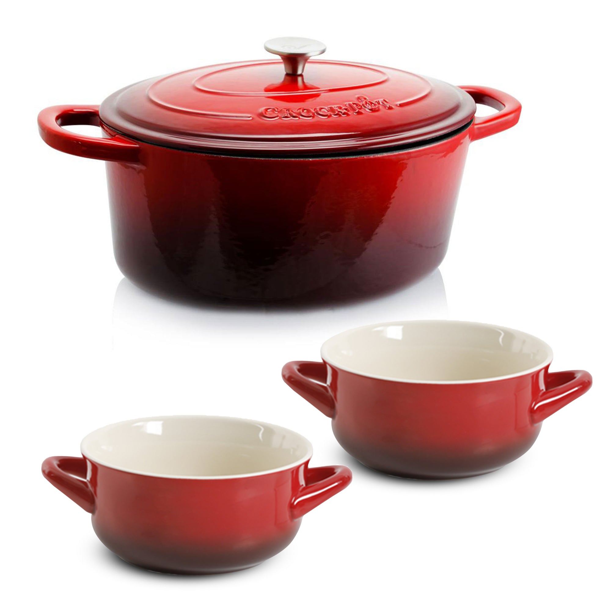 Crock-Pot 7 Qt Cast Iron Dutch Oven + Gibson CrockPot Stoneware Soup Bowls, Red - VMInnovations