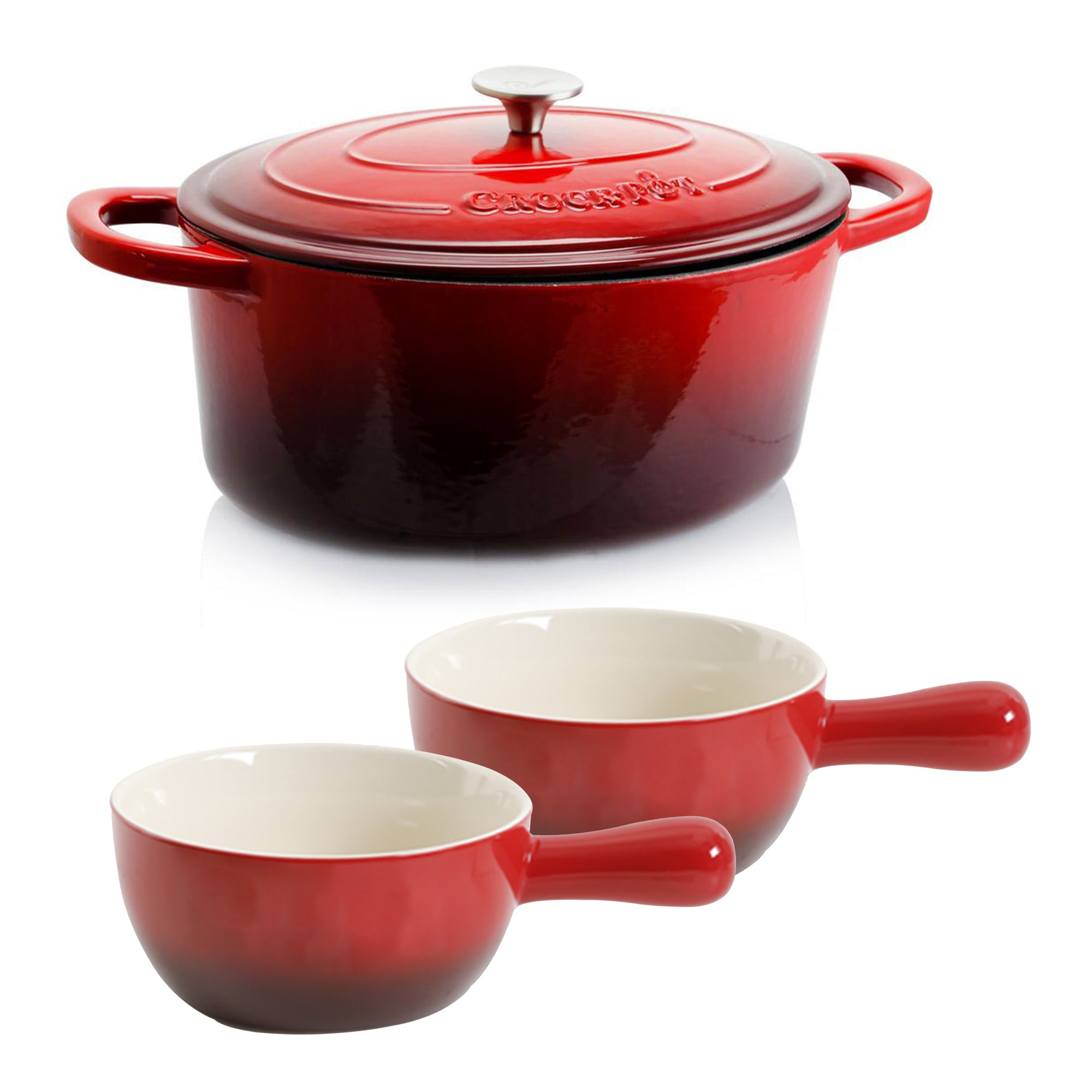 Crock-Pot 7 Qt Cast Iron Dutch Oven + Gibson CrockPot Stoneware Soup Bowls, Red - VMInnovations