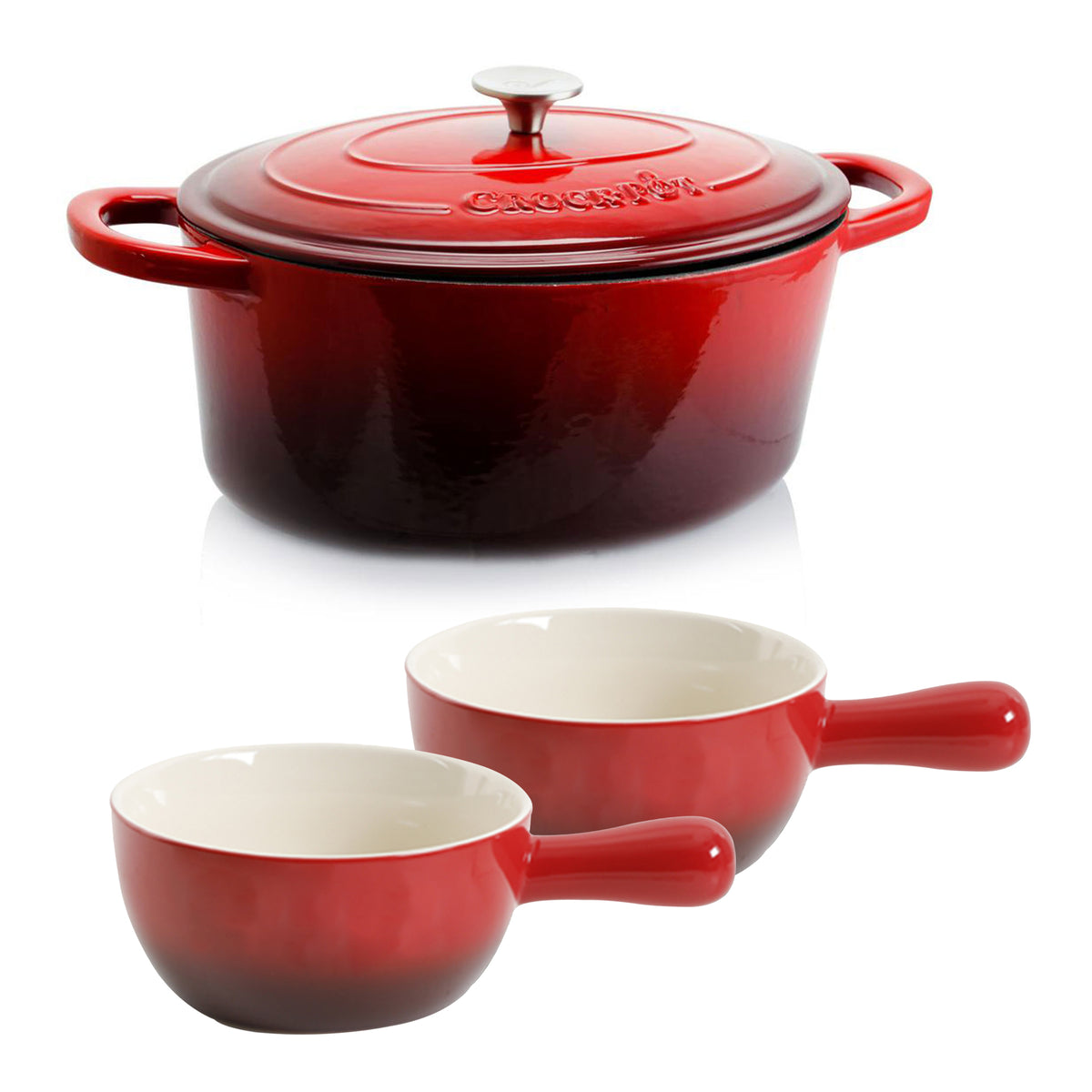 Crock-Pot 7 Qt Cast Iron Dutch Oven + Gibson CrockPot Stoneware Soup Bowls, Red