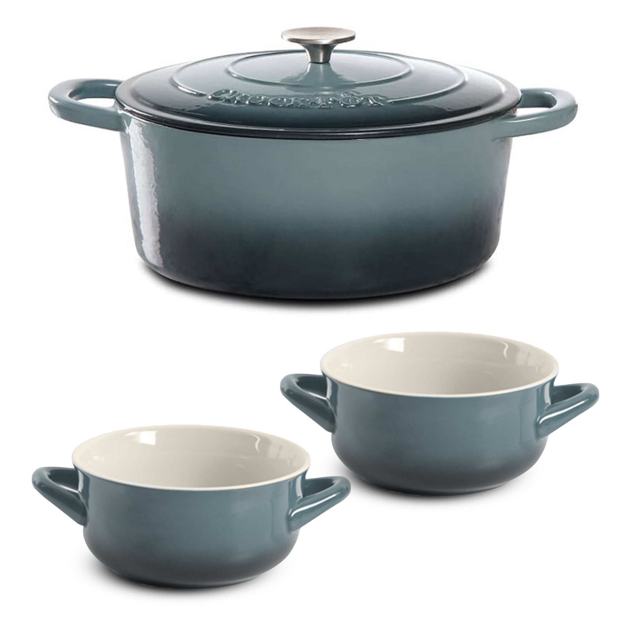 Crock-Pot 7 Qt Cast Iron Dutch Oven + Gibson CrockPot Stoneware Soup Bowls, Gray - VMInnovations