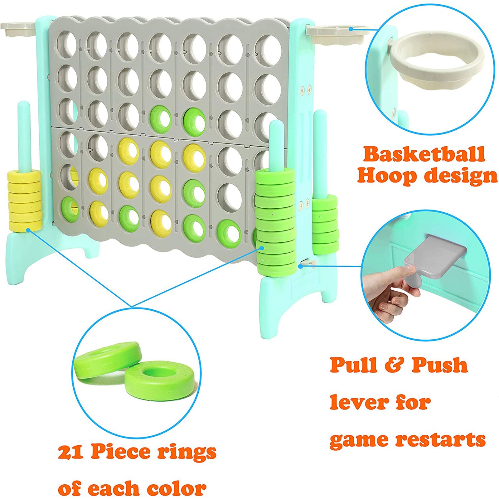 SDADI Giant 64 Inch 4-In-A-Row Game and Basketball Game for Kids, Gray and Green - VMInnovations