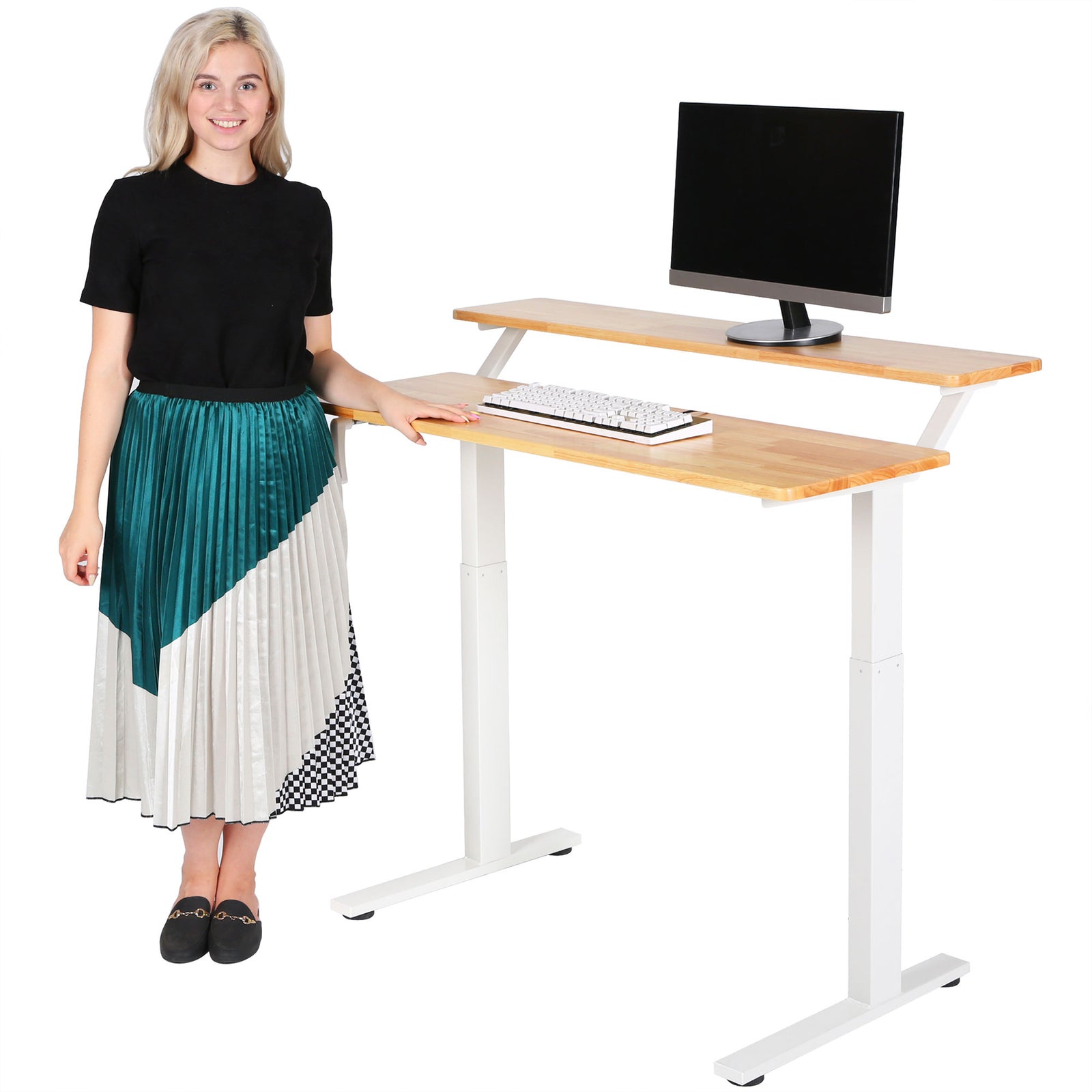SDADI Adjustable Height Steel Frame 2 Tier Standing Desk w/ Crank, Black/Teak - VMInnovations