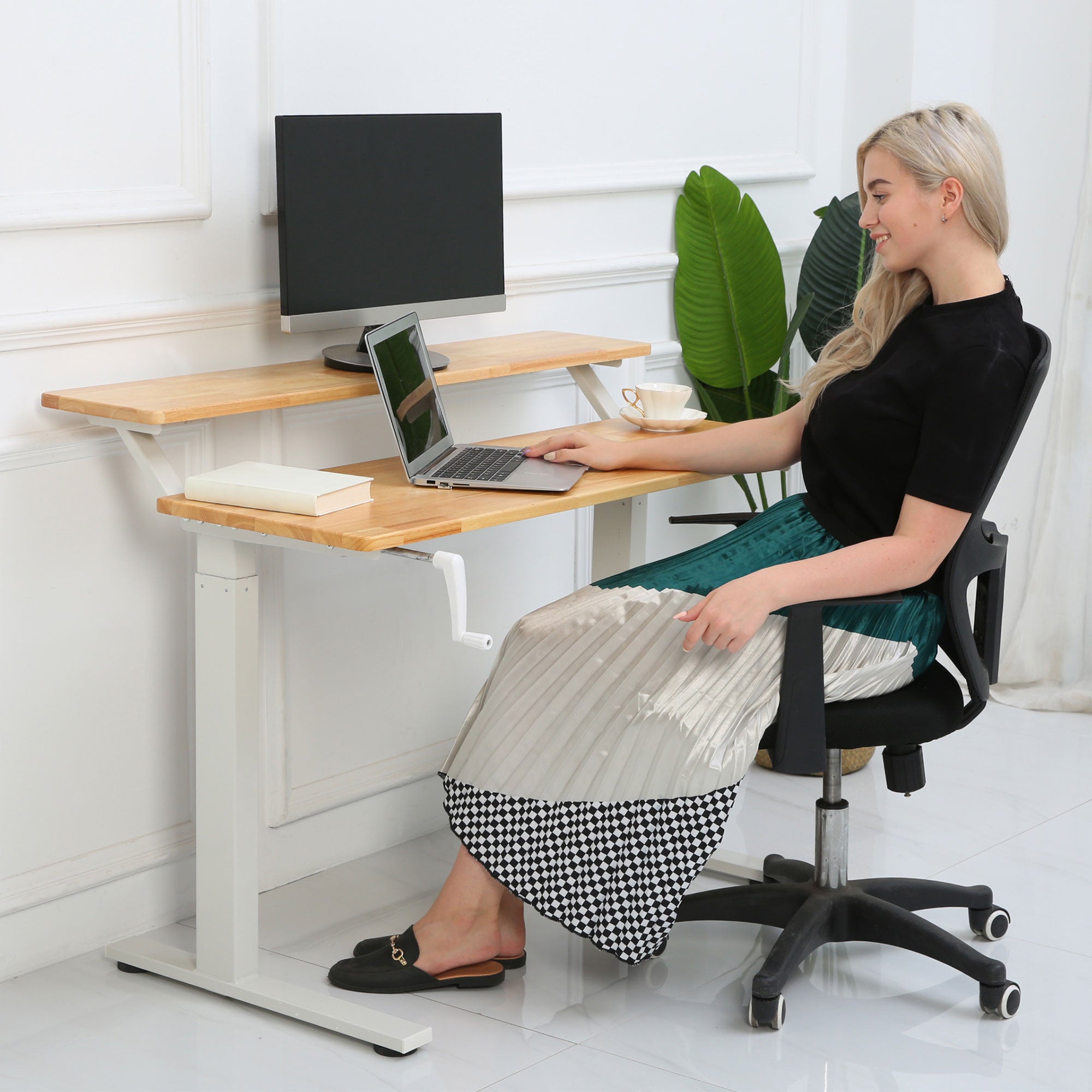 SDADI Adjustable Height Steel Frame 2 Tier Standing Desk w/ Crank, Black/Teak - VMInnovations