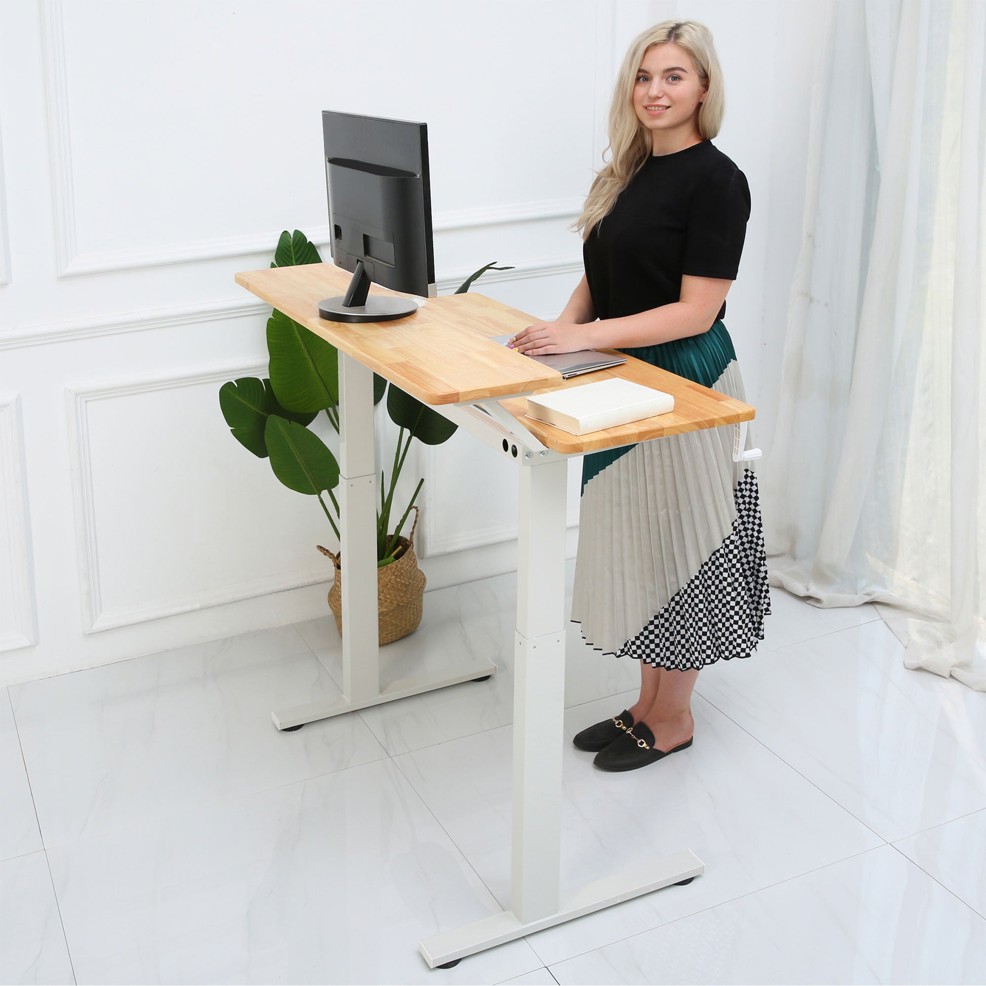 SDADI Adjustable Height Steel Frame 2 Tier Standing Desk w/ Crank, Black/Teak - VMInnovations