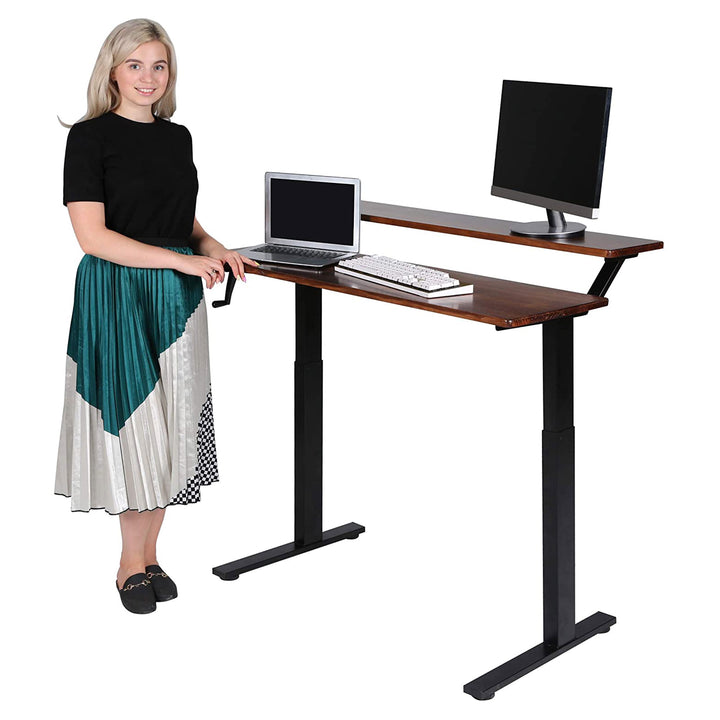 SDADI Adjustable Height Steel Frame 2 Tier Standing Desk w/ Crank, Light Grain