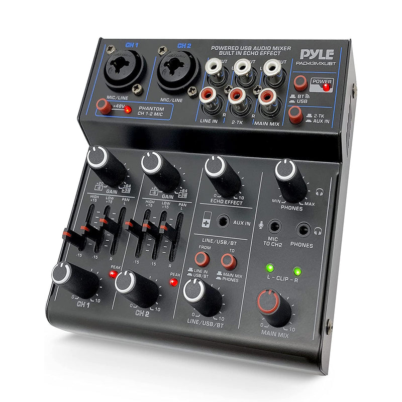 Pyle 4 Channel Bluetooth DJ Mini Audio Sound Board Mixer Console System w/ USB