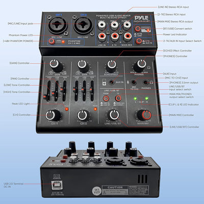 Pyle 4 Channel Bluetooth DJ Mini Audio Sound Board Mixer Console System w/ USB